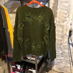 Oddy Heavyweight Sweater Dark Olive Green. Never Worn, No Tags. Size M/L Winter Green Tops With Floral Embroidery, Green Top With Floral Embroidery For Winter, Green Floral Embroidery Tops For Winter, Green Floral Embroidered Tops For Winter, Fiddlehead Fern, Fiddlehead Ferns, Green Embroidery, Cardigan Green, Dark Olive Green