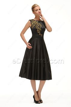 Modest Black Cocktail Dress Tea Length with Golden Embroidery Black And Gold Midi Dress, Gold Knee-length Evening Midi Dress, Black Evening Dress With Gold Embroidery, Gold A-line Midi Dress For Evening, Gold Embroidered Evening Dress, Black Dress With Gold Embroidery For Party, Rusty Wedding, Black Dinner Dress, Dress Tea Length