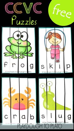 four different pictures with the words cvvcc puzzles on them and an image of a frog