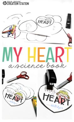 the book cover for my heart is shown with scissors and markers