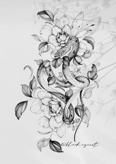 a black and white drawing of flowers with two snakes on the top of each flower