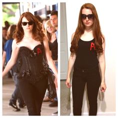 two pictures of the same woman in different outfits, one is wearing black and the other has red letters on her chest