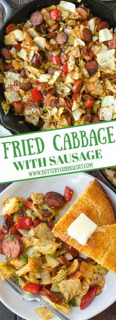 this is an image of fried cabbage with sausage and vegetables in a skillet on the table