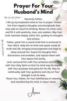 a prayer for your husband's mind with flowers and leaves on the back ground