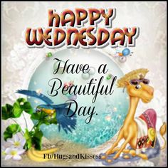 happy wednesday have a beautiful day greeting card with cartoon animals and birds on the beach