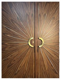 two wooden doors with metal handles and decorative designs on the front, side and sides