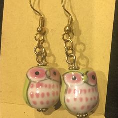 Ceramic Owls In Pink And Green Perched On Gold Hardware. For Pierced Ears. Nwot. Handmade Casual Pink Earrings, Casual Pink Jewelry With Ear Wire, Casual Pink Earrings, Owl Earrings, Ceramic Owl, Earrings Color, Pierced Ears, Owls, Gold Hardware