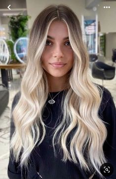 Blonde Hair W Dark Roots, Dark Root Blonde Ends, Hair Inspo Blonde Balayage, Blended Roots Blonde Balayage, Winter Balayage Blondes, Dark Long Hair Color Ideas, Long Balayage Hair Blonde, Dark Roots To Blonde Hair, Trendy Blonde Hair 2023