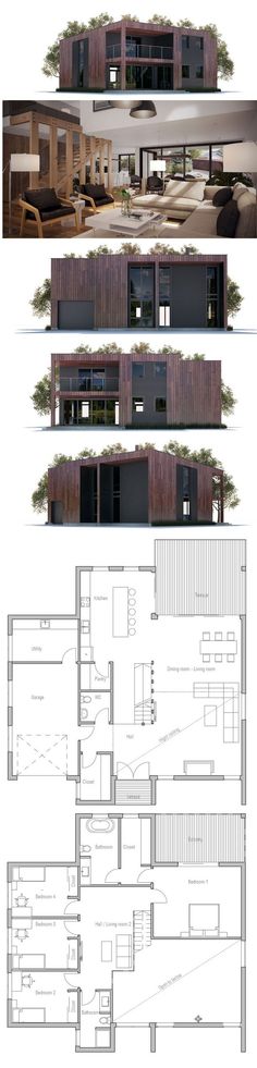 three different views of the same building, each with its own floor plan and elevation details