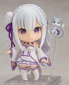 an anime figurine is holding a cat on a stick and posing for the camera