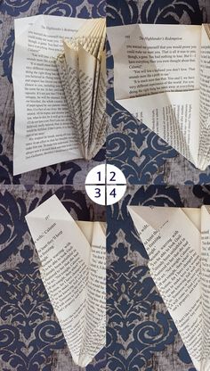 four folded book pages with numbers on them