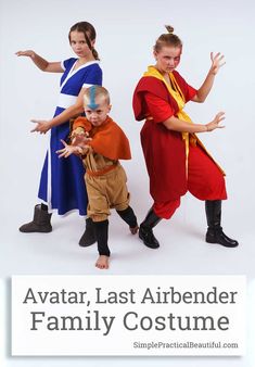 three children dressed up in costumes with the words avatar, last airbender family costume