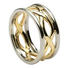 two tone gold and silver wedding rings with intertwined design on each side, set against a white background