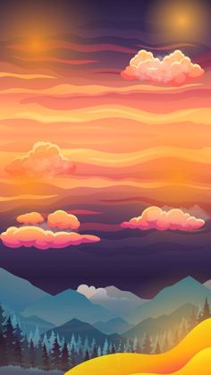 a painting of mountains and clouds with the sun in the sky above them at sunset