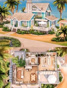 an artist's rendering of a beach house with palm trees in the foreground