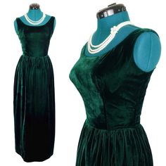 For Sale: Early 1960s Velvet Gown. This 60s Vintage Formal Sleeveless Evening Dress Features A Scoop Neckline With A Tailored, Curvy Bullet Bra Bust, And A Gathered, Cinched Waistline. It Has A Built In Tulle Crinoline To Maintain The Fullness Of The Skirt. The Velvet Is So Soft, And That Deep Green Catches The Light So Elegantly. Fully Lined. There Is Some Wear/Inconsistency To The Velvet, But The Only Real Flaw I Noticed Was A Little Spot On The Neckline. Could Be Easily Covered With A Necklace Or Brooch! Necklace Not Included. Union Made And Old Tailoring Label. Fits An Xs, 32" Bust With A Little Room In The Cups, 24" Waist. Measurements Lying Flat In Inches: Shoulders: Formal 60s Dress, 60s Formal Dress, Green Velvet Gown, Vintage Formal Dress, Vintage Formal Dresses, Bullet Bra, Velvet Gown, 1960's Dress, 60s Vintage