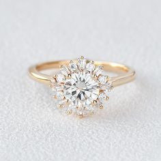 Moissanite Halo Yellow Gold Inspired Ring - Felicegals 丨Wedding ring 丨Fashion ring 丨Diamond ring 丨Gemstone ring--Felicegals Sun Engagement Ring, Moissanite Halo Ring, Ring Baguette, Yellow Gold Wedding Ring, Solid Gold Band, Wedding Prep, Moissanite Wedding Bands, Halo Diamond Engagement Ring, Gold Wedding Rings