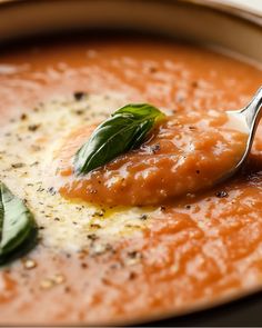 a spoon full of tomato soup with basil on top