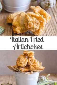 fried artichokes in a white bowl on a wooden table with the words italian fried artichokes above them