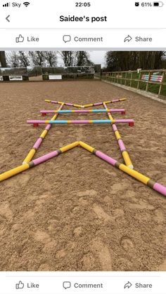 an image of a horse track made out of colored plastic pipes on the ground with words saying sadder's post like comment comment share