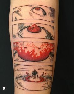 a person with a tattoo on their leg that has pictures of food in the bowl