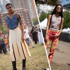 two women in different outfits standing on the grass