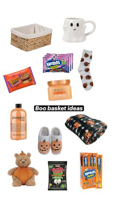 the contents of a halloween gift basket are shown