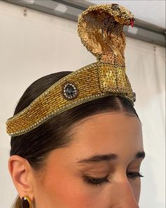 a woman wearing a gold headpiece with a snake on it's top and earring