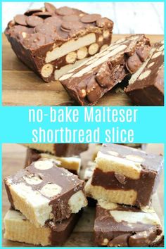 no - bake malteseser shortbread slice is cut in half and stacked on top of each other