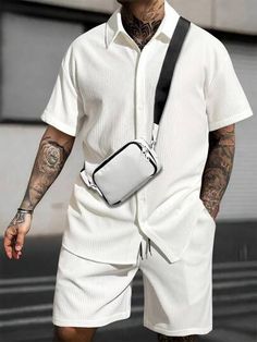 Drawstring Waist Shorts, Stylish Mens Outfits, White Polo, Co Ords, Collar Designs, Men T Shirt, Color Shorts, V Neck Tee, Fashion Online Shop