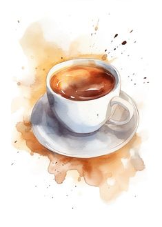 a watercolor painting of a cup of coffee on a saucer and saucer