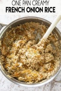 one pan creamy french onion rice in a silver pot