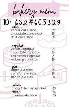 a menu for a bakery with different types of cakes