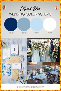 the wedding color scheme is blue and white