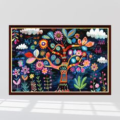 a painting on the wall with flowers and trees