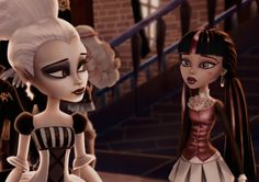 two animated dolls standing next to each other in front of some stairs and railings