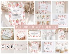 the first birthday bundle includes pink and white items, such as cupcakes, cards, and other decorations