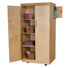 a wooden cabinet with two doors and shelves