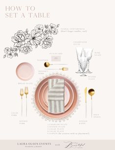 a table setting with pink plates, silverware and gold utensils is featured in the article how to set a table