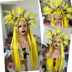 Lacefront yellow with black highlights fanned ponies. Black Hairstyles Women, Exotic Wigs, Yellow Hair Ideas, Black And Yellow Hair, Bratz Hairstyles, Hair Studies, Styled Wigs, Drag Hair, Yellow Wig