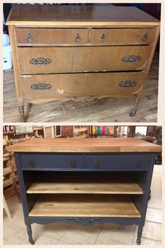 an old dresser has been painted blue and is being used as a sideboard for storage