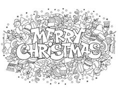 the word merry christmas surrounded by doodles and snowflakes in black and white