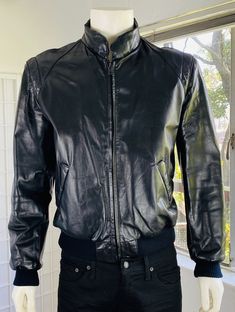 Vintage Squire Shop Mens Black Leather Jacket, 42. Good condition.  42 Classic Fitted Leather Jacket For Streetwear, Classic Leather Jacket For Streetwear, Classic Vintage Black Winter Outerwear, Retro Black Outerwear For Business, Retro Leather Jacket For Business In Winter, Black Winter Coat, Wool Shirt, Mens Black Leather, Green Wool