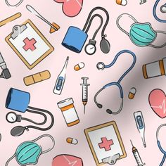 a blue background with medical related items and stethoscopes on it's sides