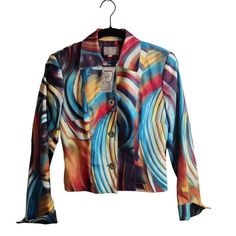 The Alberto Makali Designer Vintage Nwt Abstract Watercolor Blazer In Size 2 Is A Beautiful And Unique Option For Those Who Appreciate High Fashion And Artistic Design. This Blazer Features An Abstract Watercolor Print, Adding A Splash Of Color And Creativity To Your Outfit. The Vibrant And Expressive Patterns Make It A Statement Piece That Commands Attention And Showcases Your Individuality. Alberto Makali Is Renowned For Their Designer Pieces And Commitment To Producing Clothing That Stands Ou Silk Long Sleeve Summer Outerwear, Fitted Multicolor Blazer For Spring, Spring Multicolor Fitted Blazer, Multicolor Fitted Spring Blazer, Fitted Multicolor Spring Blazer, Fitted Multicolor Summer Outerwear, Blue Silk Outerwear For Fall, Fitted Multicolor Long Sleeve Blazer, Fitted Multicolor Silk Tops