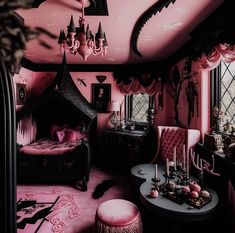 a pink bedroom with black furniture and chandelier hanging from the ceiling in front of a window