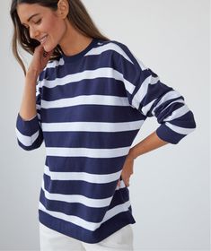 sundown-stripe Everyday Organic Cotton Crew Top, Everyday Organic Cotton Crew Neck Top, Blue Organic Cotton Long Sleeve Tops, Striped Oversized Crew Neck Top, Oversized Long Sleeve Organic Cotton Tops, Oversized Striped Crew Neck Top, Striped Cotton Sweatshirt With Relaxed Fit, Striped Relaxed Fit Cotton Sweatshirt, Sporty Blue Organic Cotton Tops