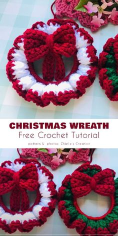 crocheted christmas wreaths are arranged on a table