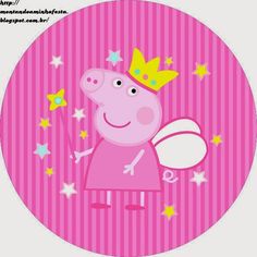 a pink pig with a crown on its head and stars around it's neck