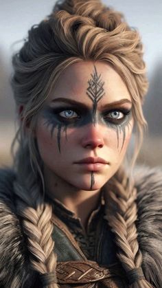 High Sleek Bun, Viking Face Paint, Unkempt Hair, Zombie Hair, Warrior Makeup, Viking Halloween Costume, Viking Makeup, Vikings Halloween, Barbarian Woman